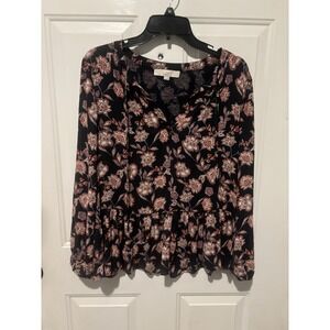 Loft Floral Blouse Peplum‎ Hem Black Blue Pink Boho Top Size S Long Sleeve Red